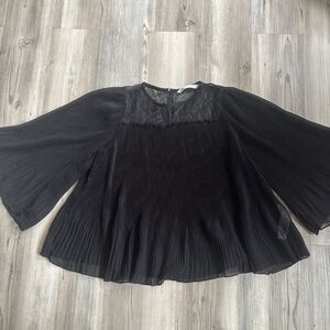 ZARA Woman Black Whimsigoth PLEATED BLOUSE Lace Long Sleeve Made In India Small